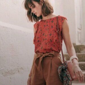 Sezane Silk Amande Top (red/orange floral) in size 6 / 38